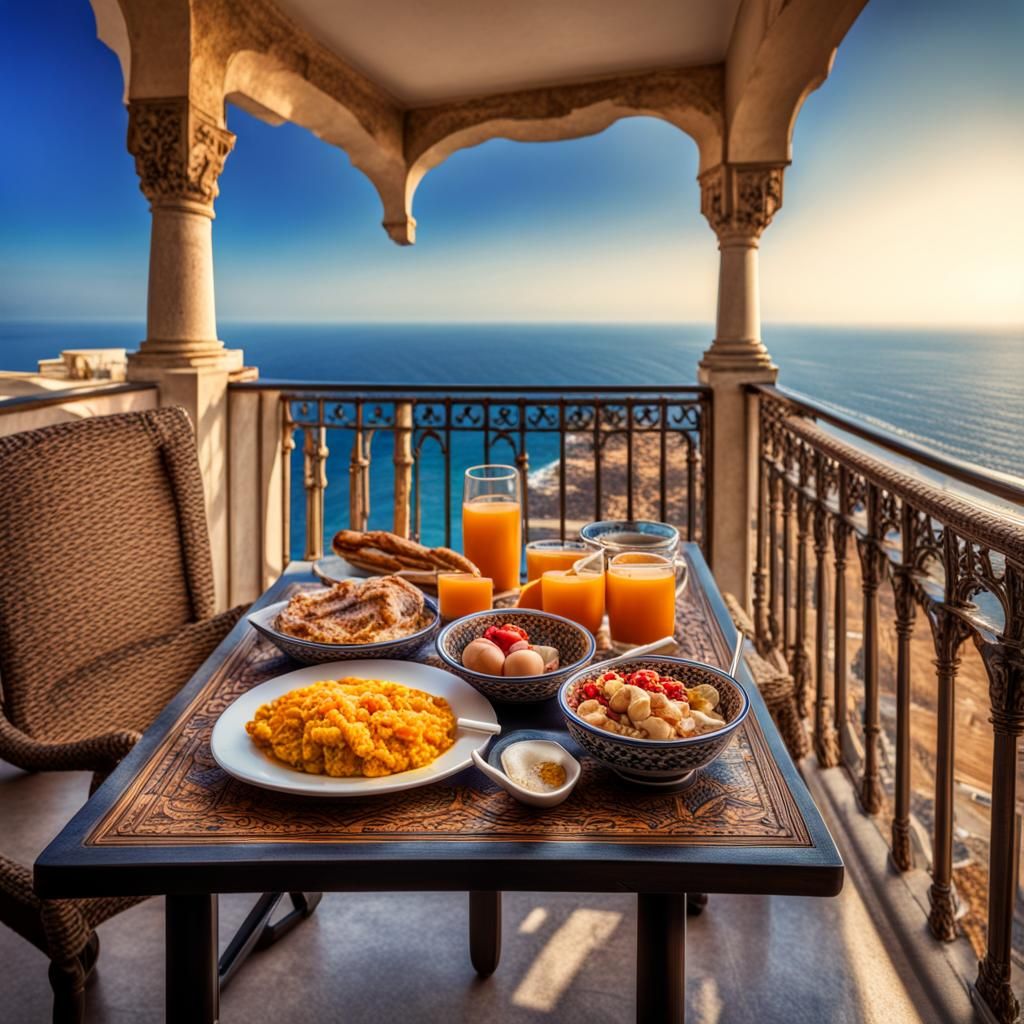 Mediterranean Balcony Breakfast in Hyperrealistic Style