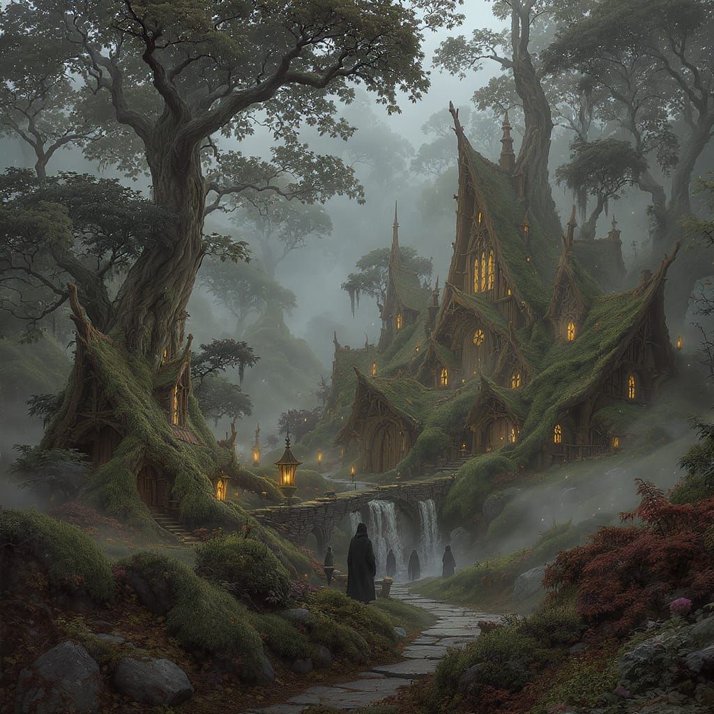 Magical Elven Village in Misty Forest