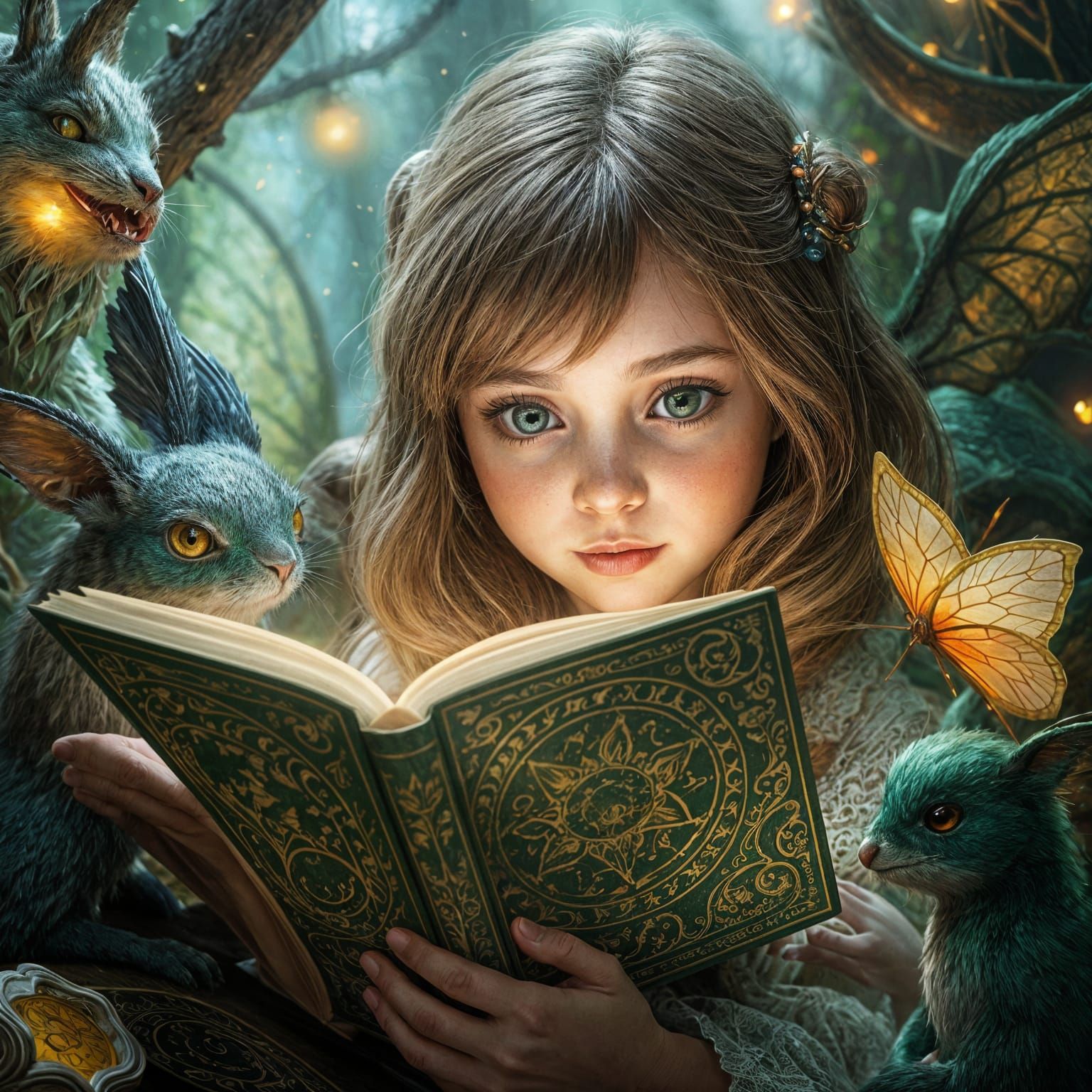 Whimsical Girl Surrounded by Fantastical Creatures in a Fair...