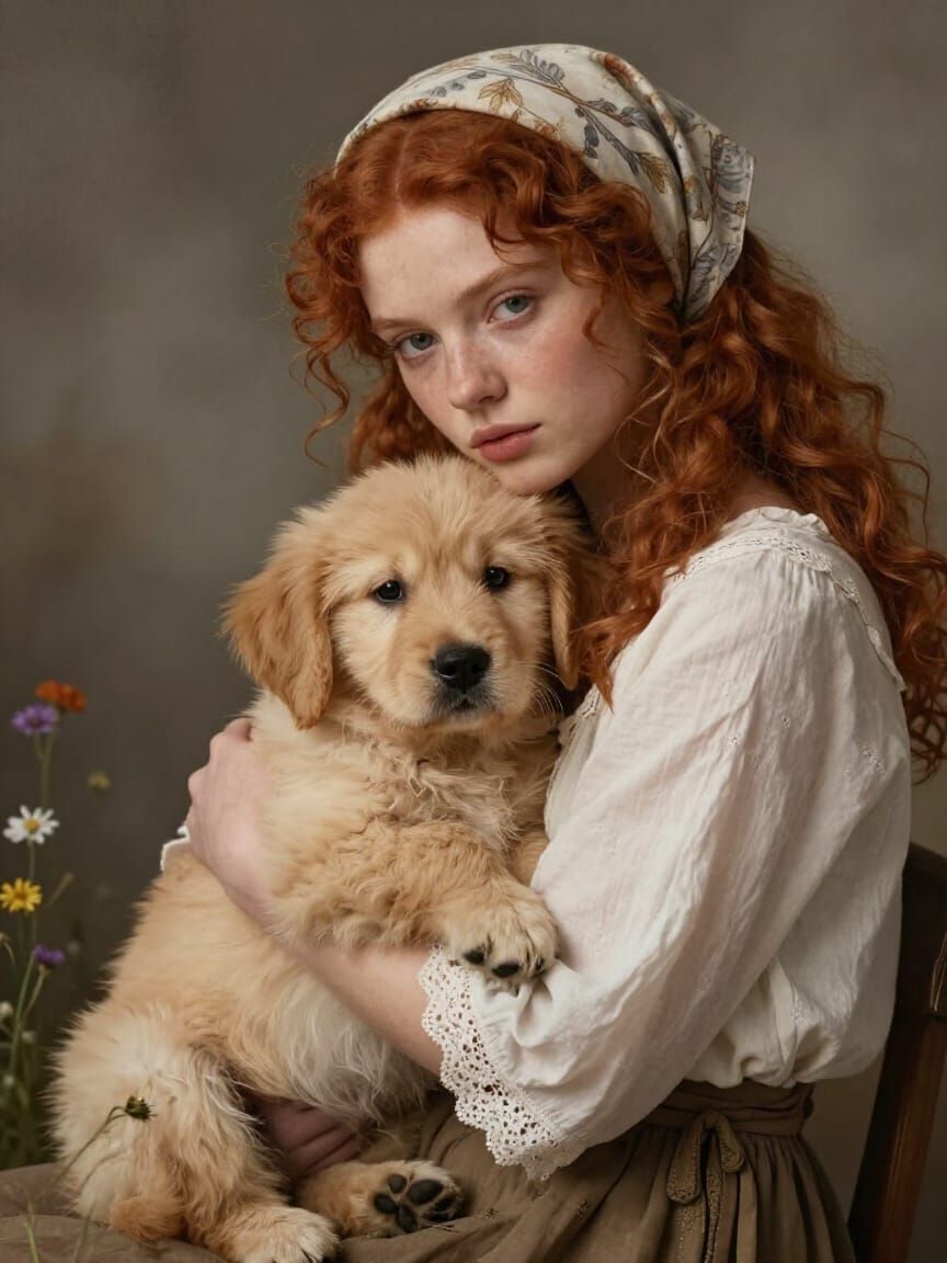 Young Woman Embraces Golden Retriever Puppy