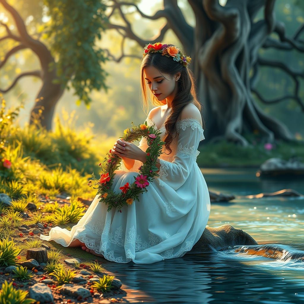 Serene Young Beauty Weaves Wreath by Tranquil Stream