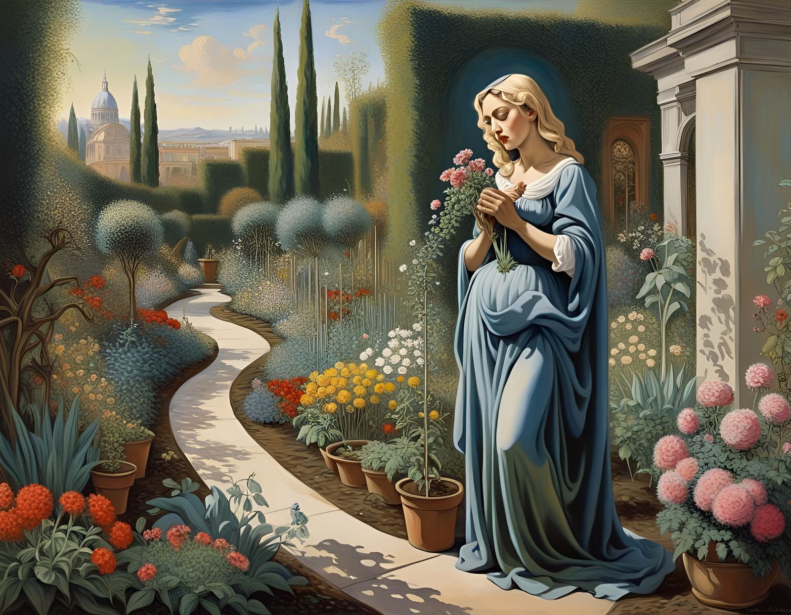 Madonna in Surrealist Urban Flower Garden