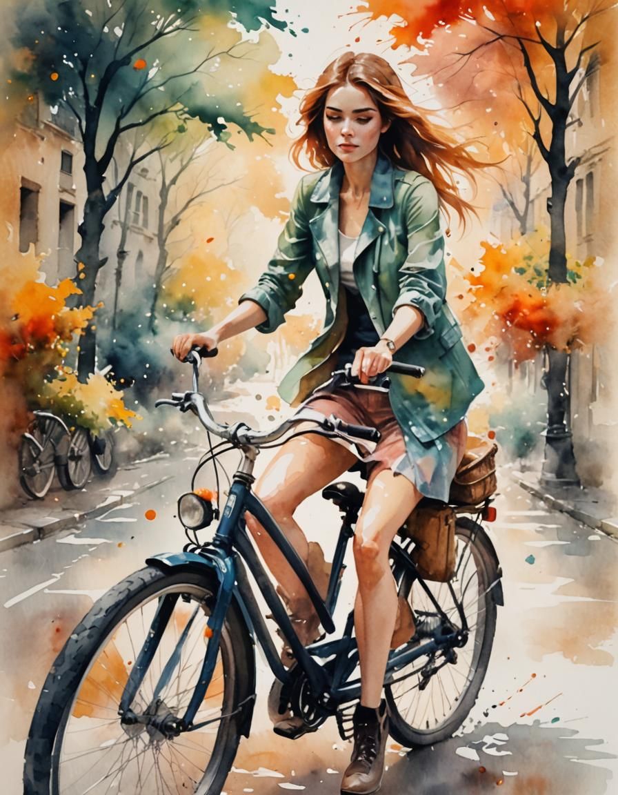 Beautiful Woman on Bicycle in Dreamcore Watercolor Style