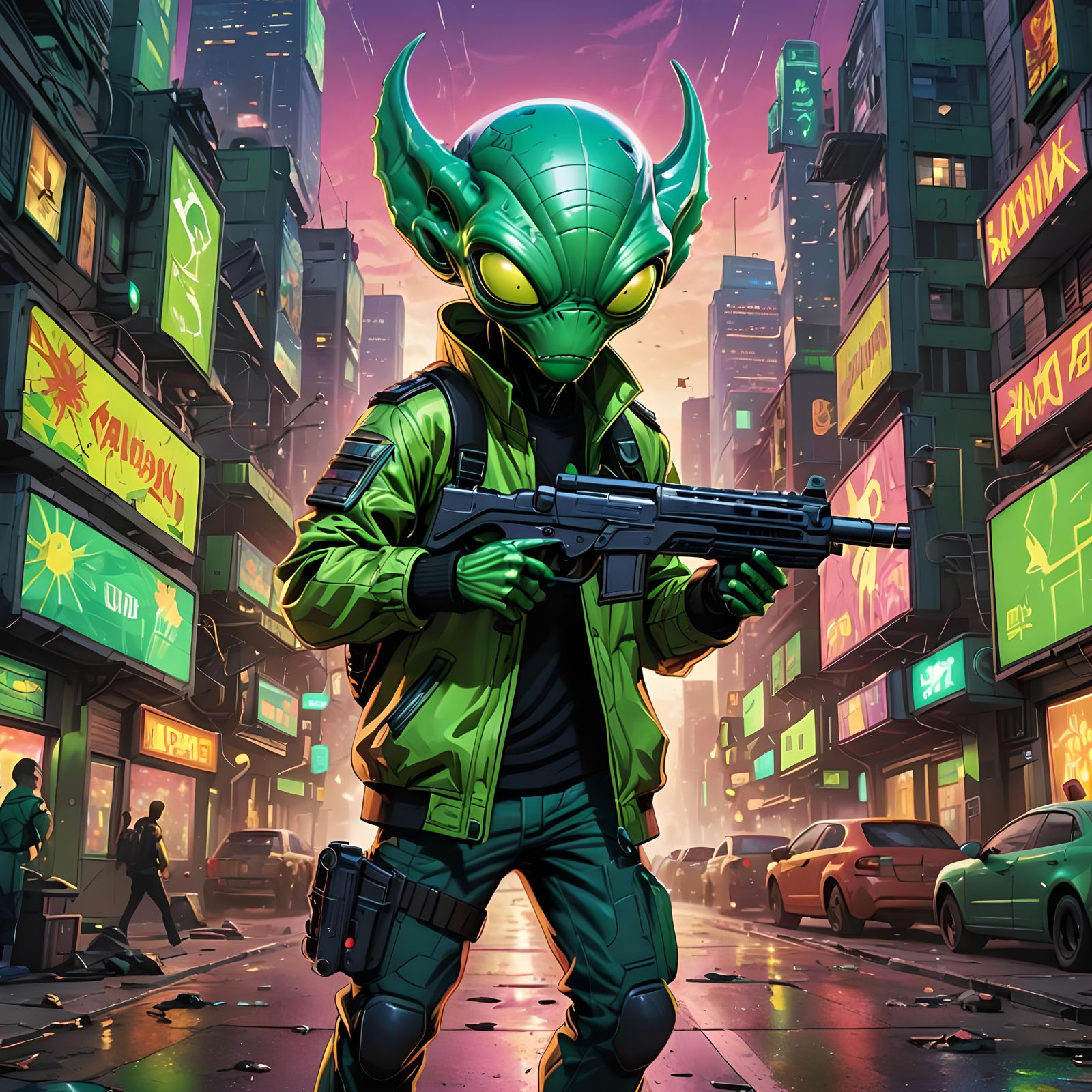 Cartoon Alien Wields Ray Gun in Cyberpunk City