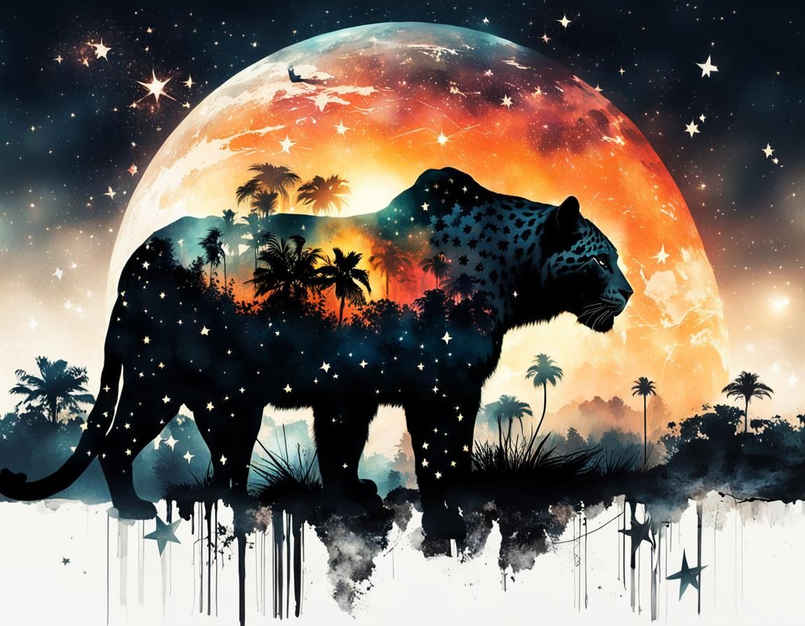 Jungle Leopard Silhouette in Space Double Exposure