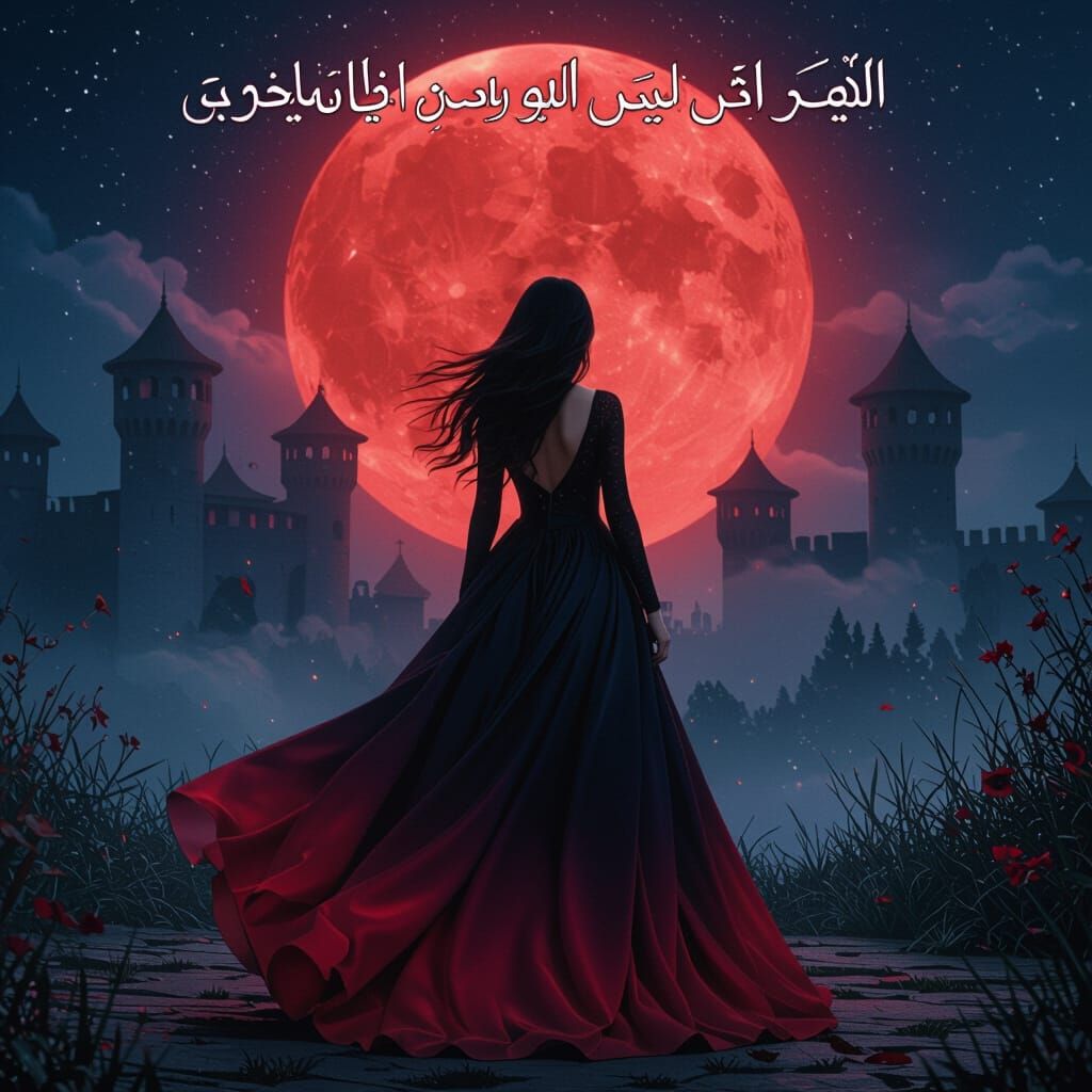 Mysterious Girl Gazes at Red Moon Near Misty Castle