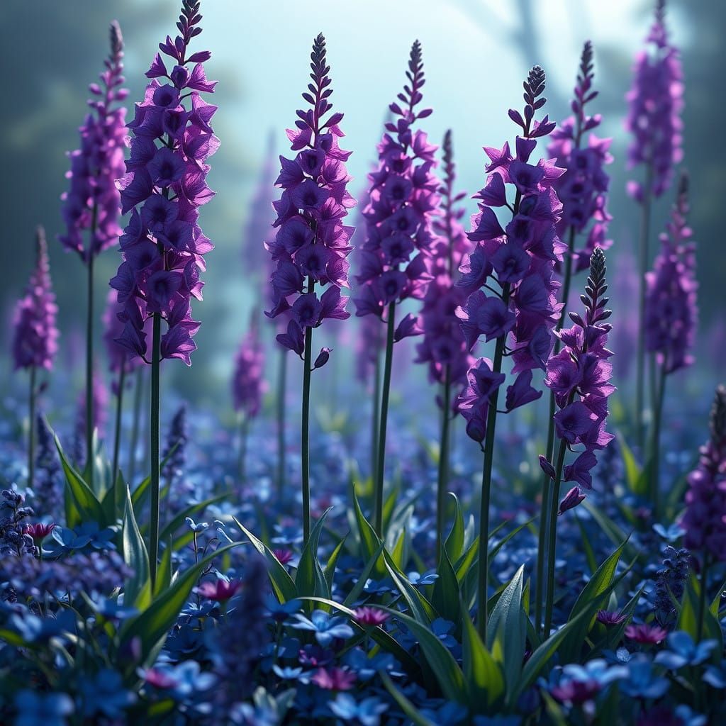 Ethereal Delphiniums in a Lush, Fantastical Realm