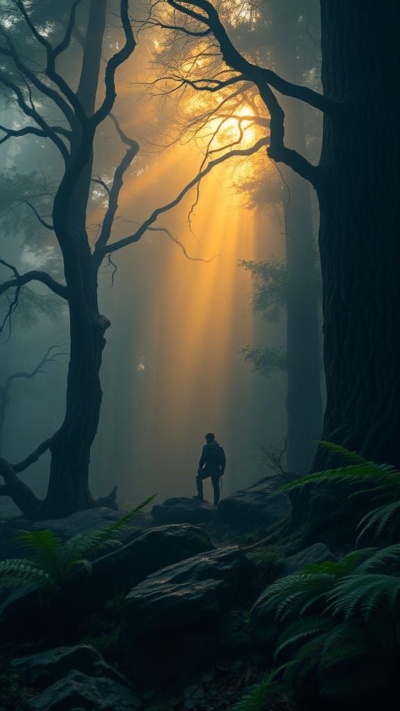 Hyperrealistic Explorer in Ancient Forest