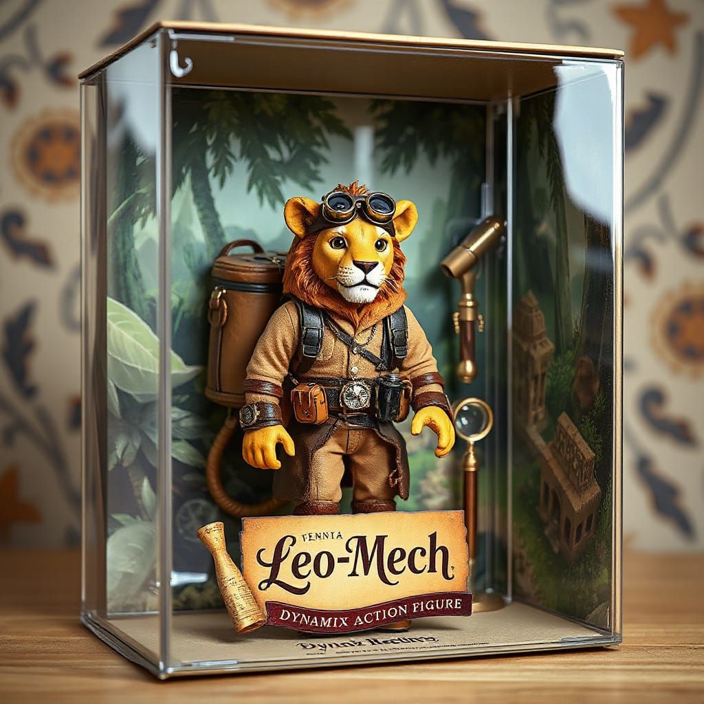 Steampunk Lion Action Figure in Vintage-Style Packaging