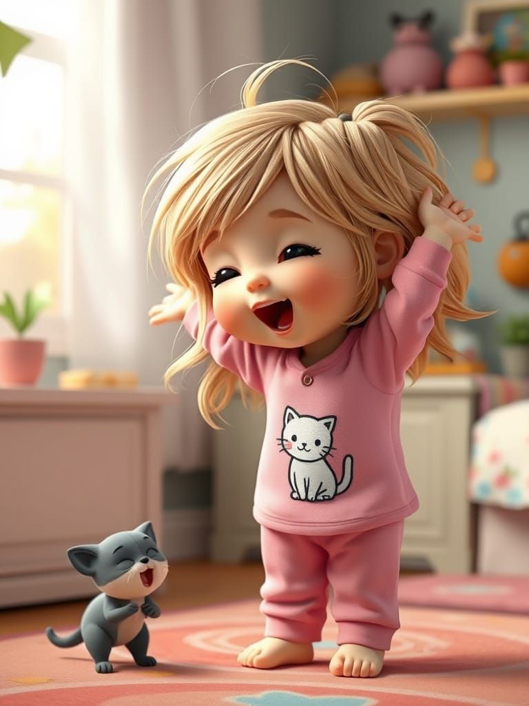 Adorable Baby Girl and Kitten in 3D Animation Style