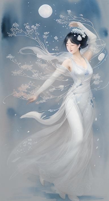 Delicate Flower Dances in Moonlight: Chinese Ink Art