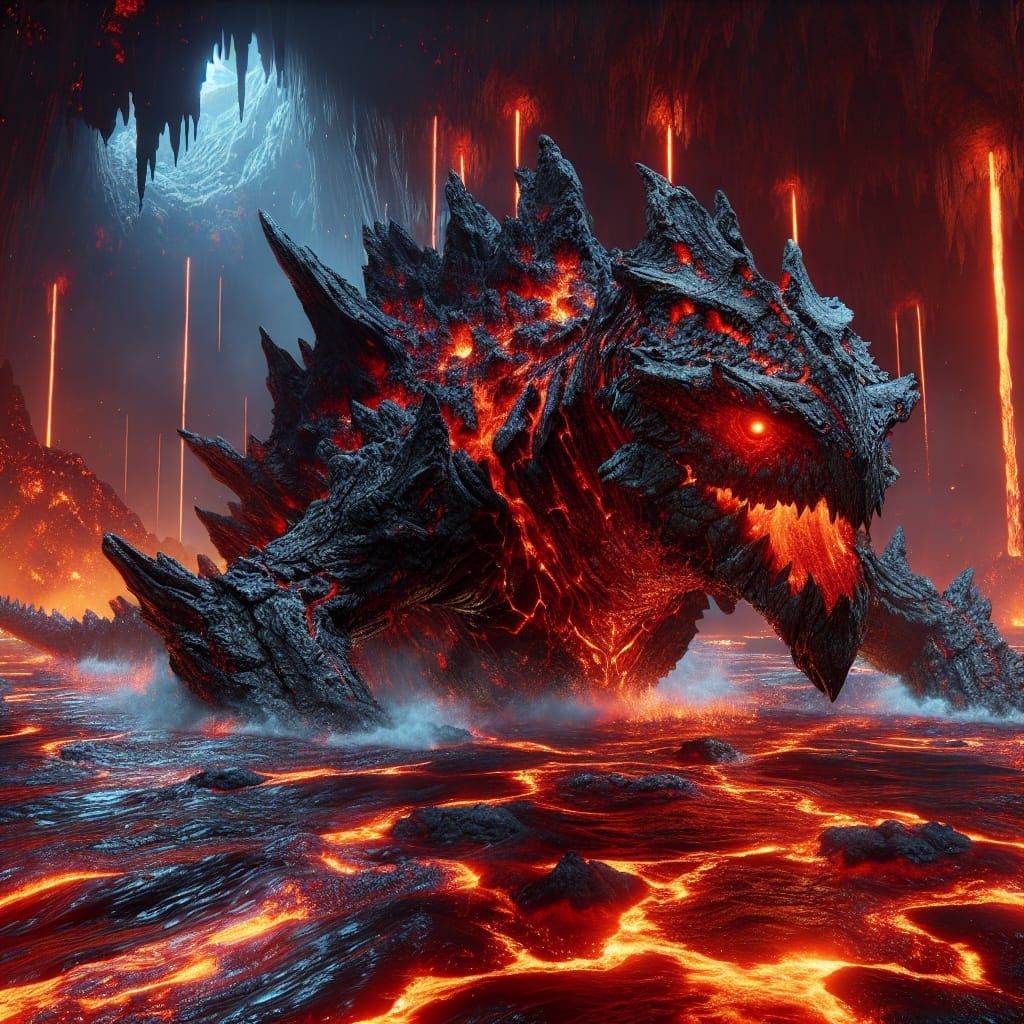 Magma Dragon Navigating Lava River