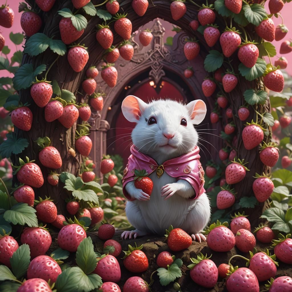 Magical Strawberry Guardian: White Rat in Pink Fantasy