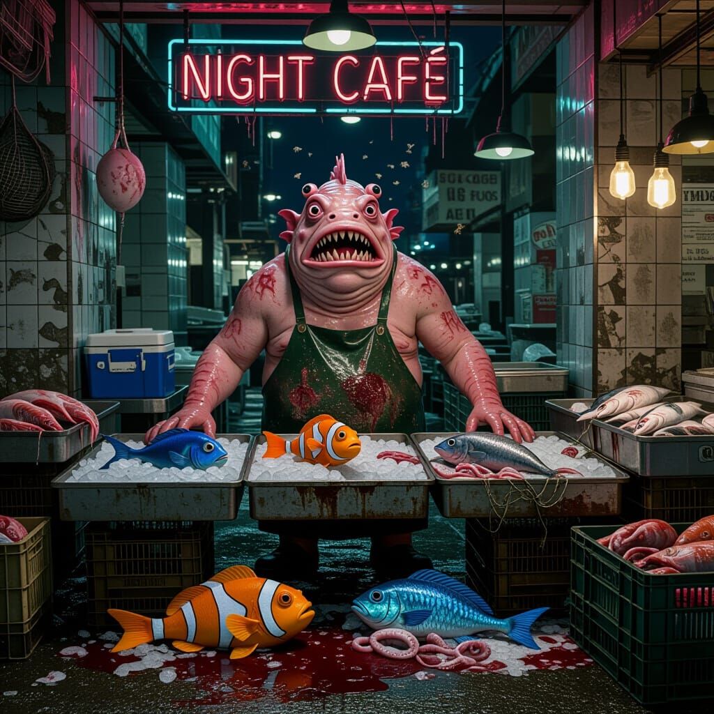 Grotesque Fish Market Horror Scene in Hyperrealism