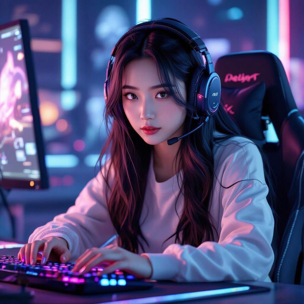 Gorgeous Korean Gamer in Futuristic Setup