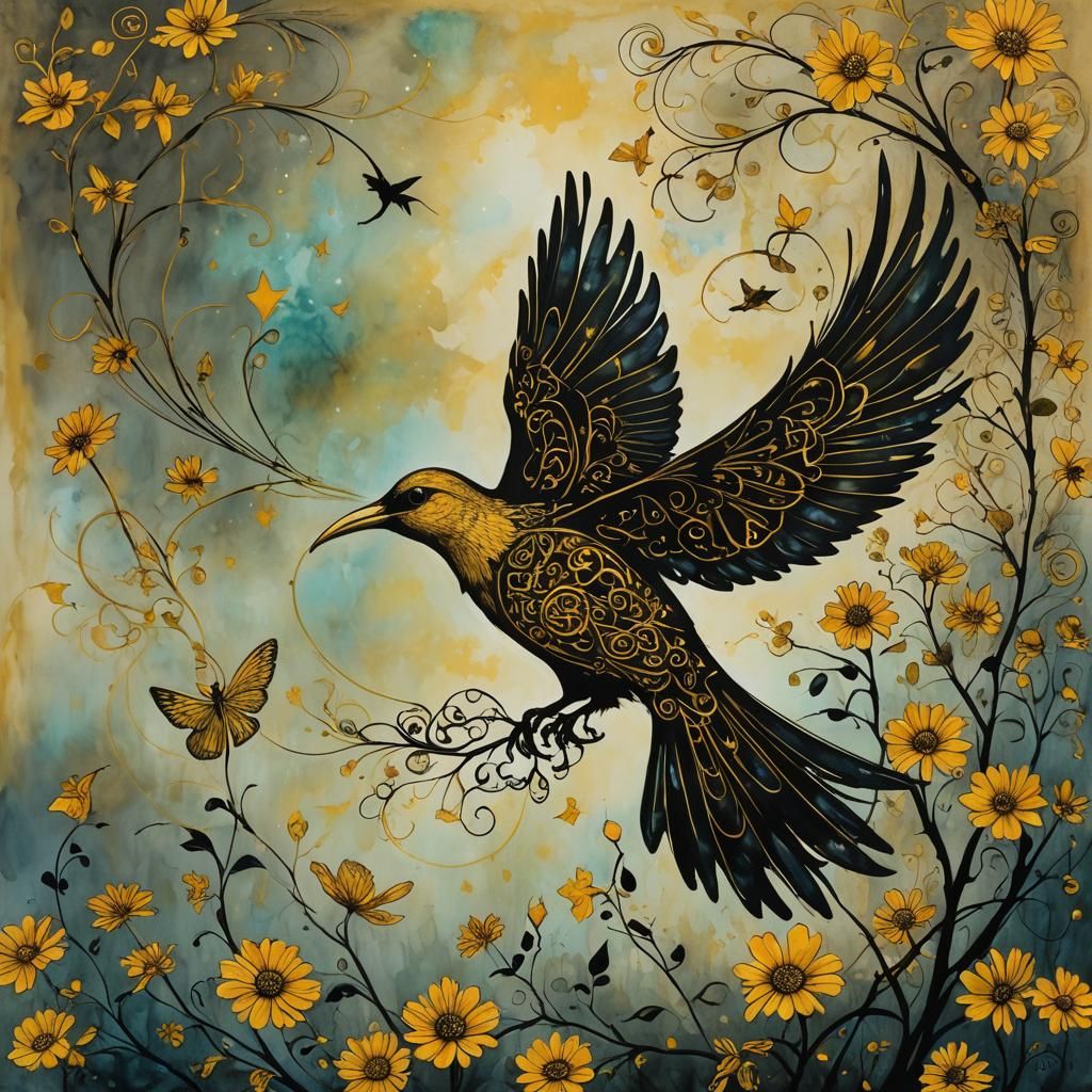 Golden Celtic Bird in Surreal Expressionist Style