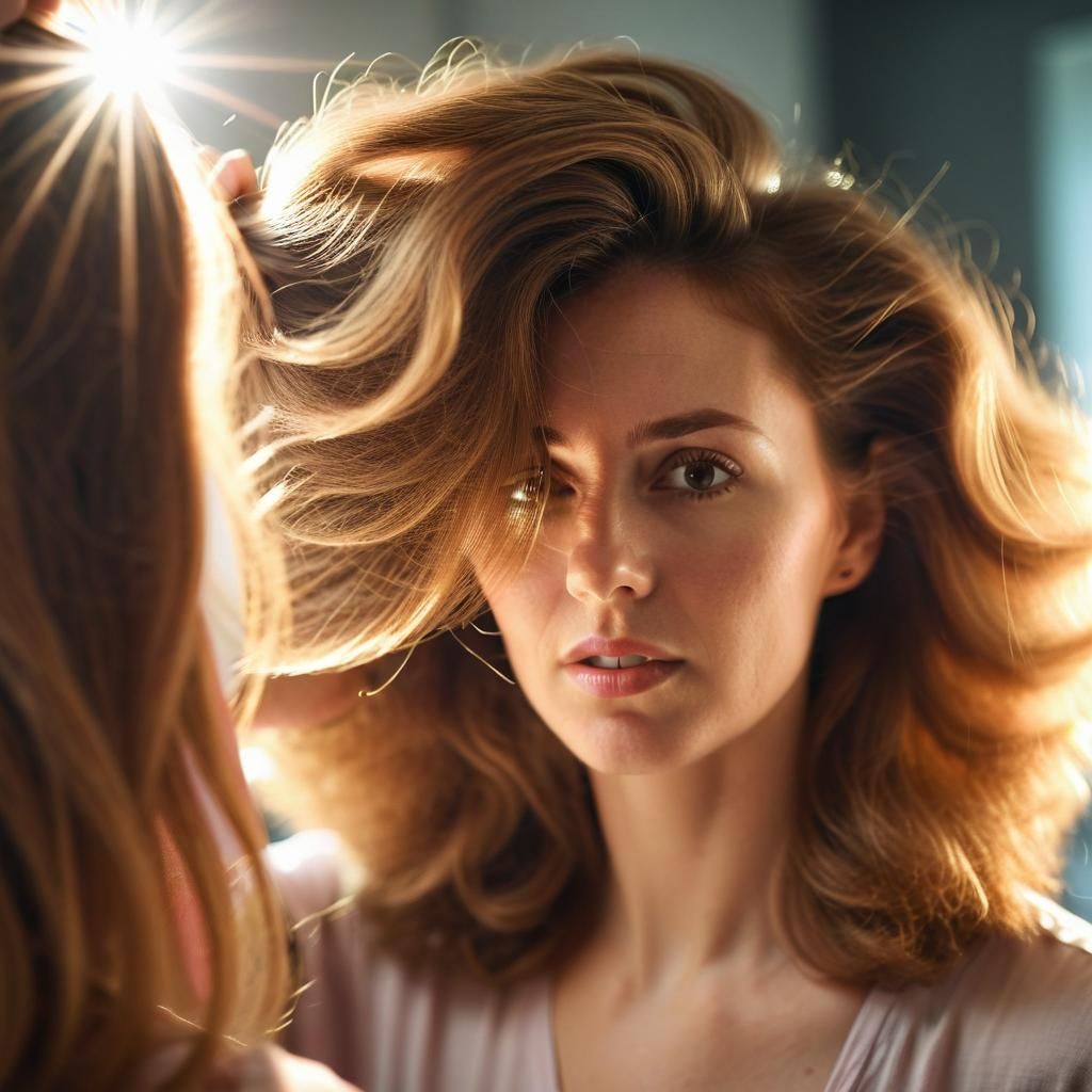 Woman Brushing Her Luxurious Hair in a Softly Lit Studio