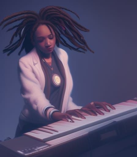 Girl with Dreadlocks Plays Keyboard: Hyperdetailed Concept A...
