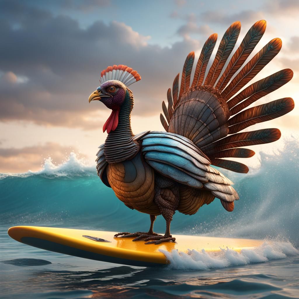 Robotic Turkey Surfing: Detailed Fantasy Concept Art