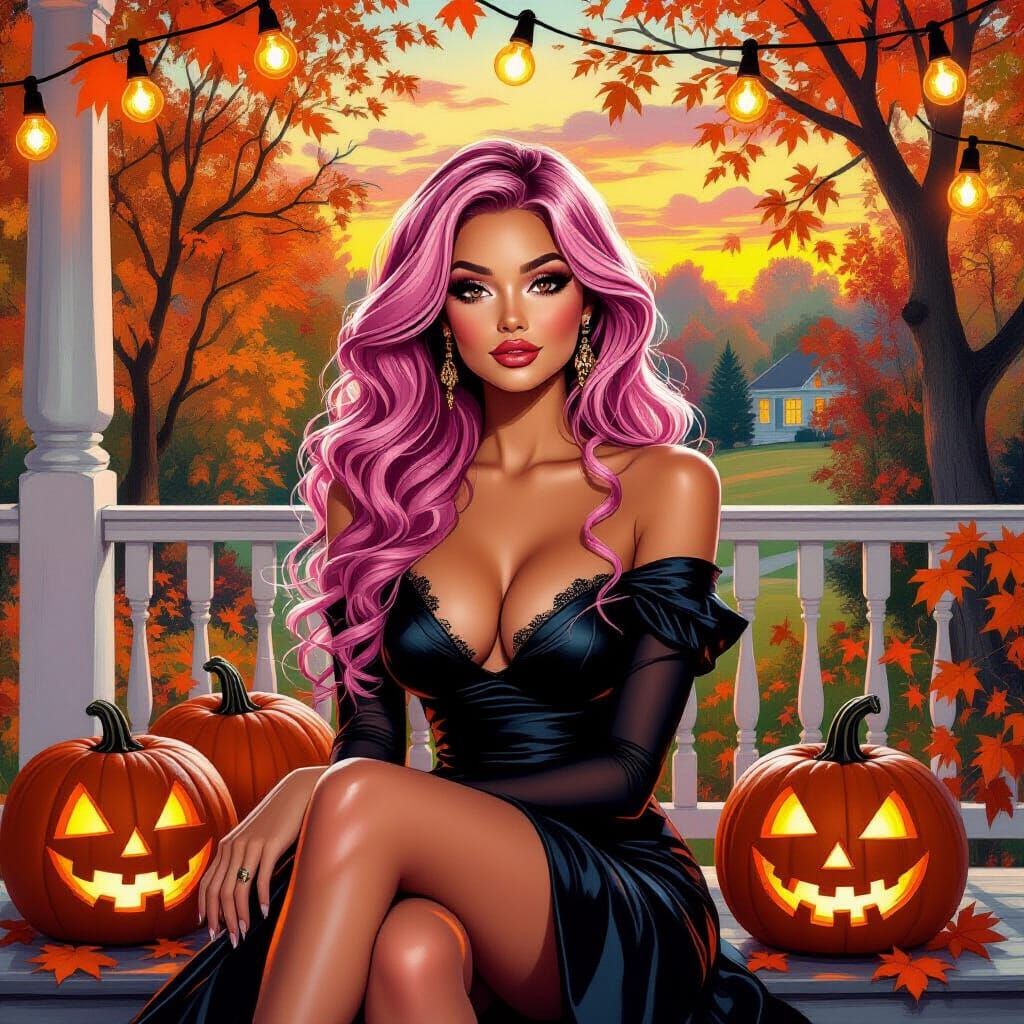 Sassy Lady on Halloween Porch as Oil Painting