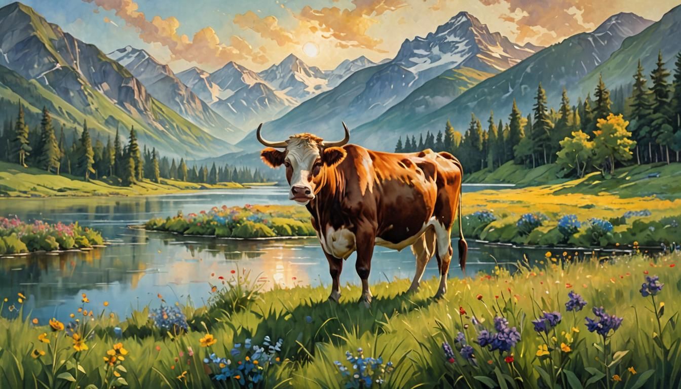 Majestic Cow in Meadow, Impressionist Oil Painting