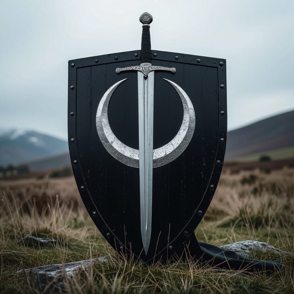 Black Shield with Silver Moon and Sword