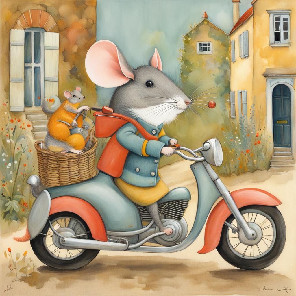 Whimsical Mouse on Motorcycle Illustration