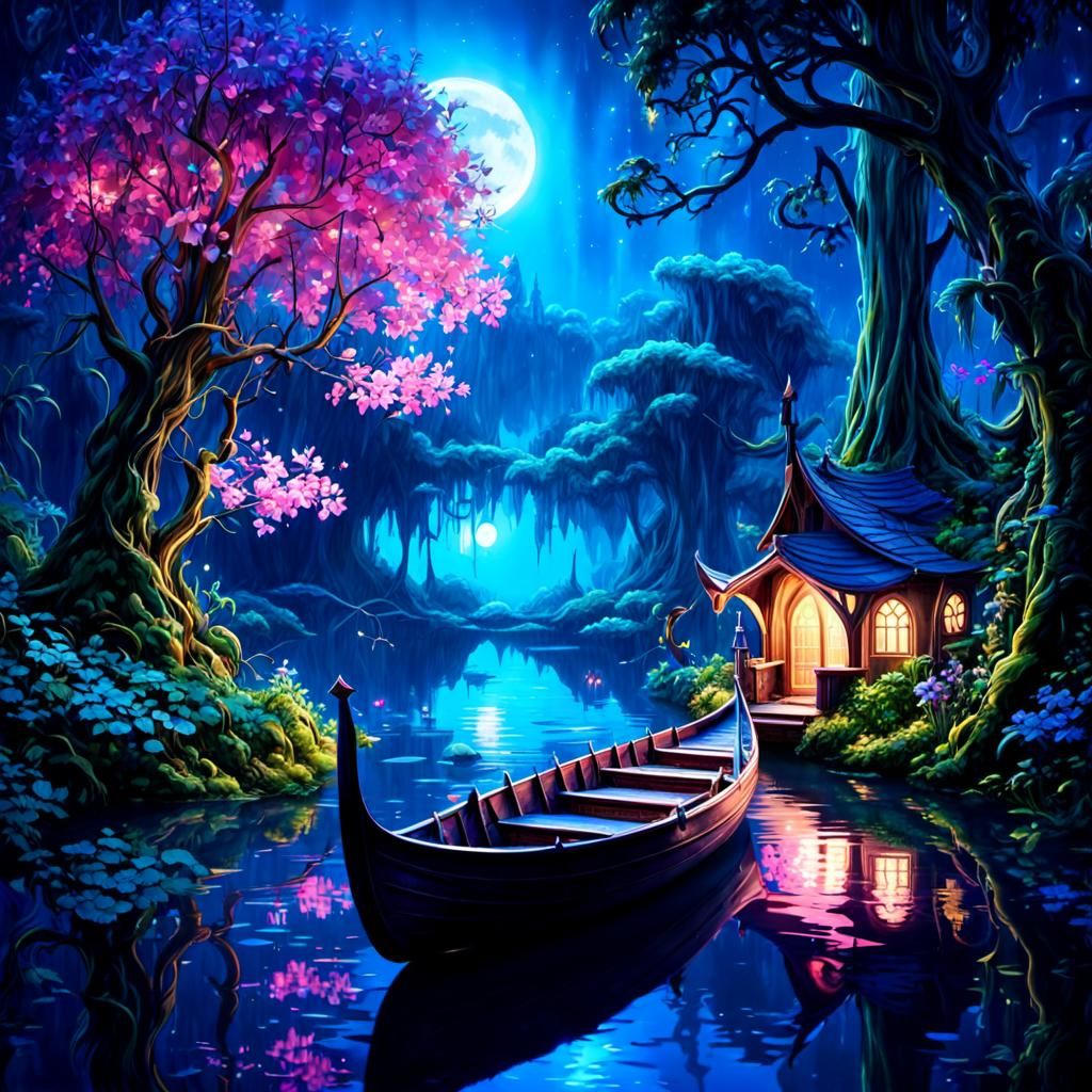 Bioluminescent Elven Boat on Magical Forest Lake