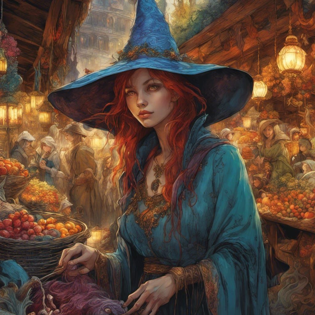 Enchanting Witch in Bustling Marketplace, Detailed Art