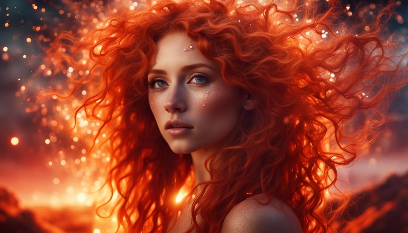 Enchanting Artist Girl in Fiery Crystal Landscape