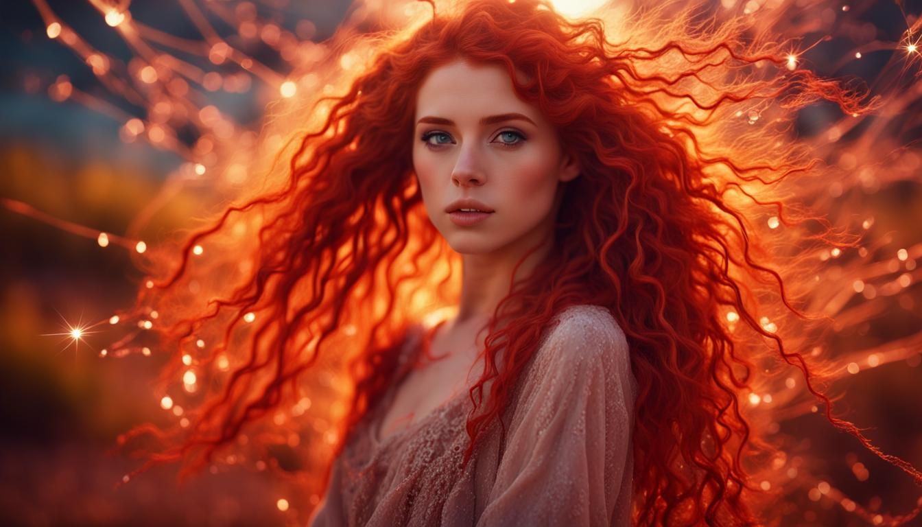 Enchanting Artist Girl in Fiery Crystal Landscape