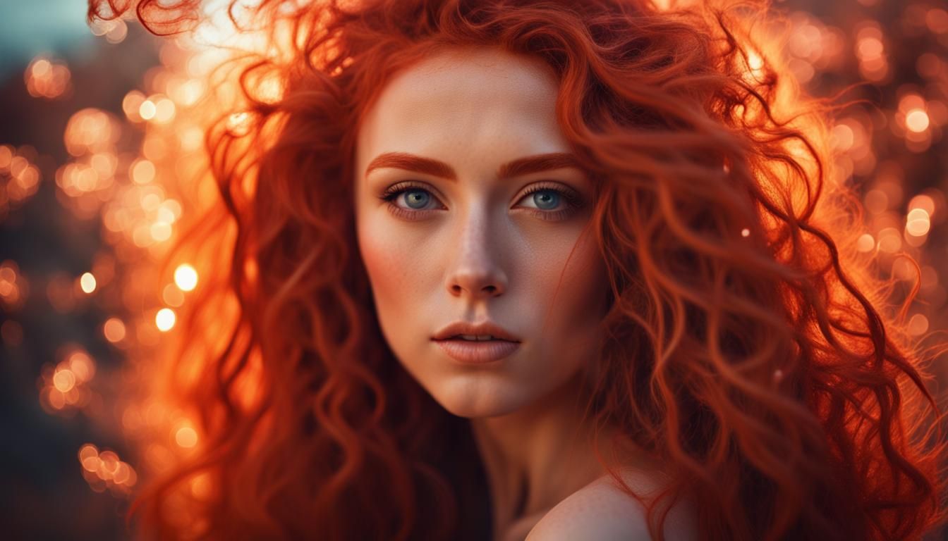 Mysterious Redhead in Fiery Crystal Landscape