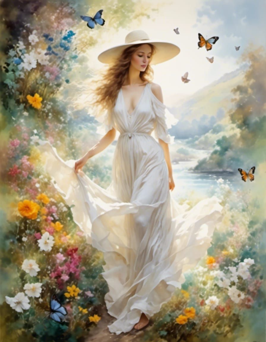 Ethereal Person in White Dress with Butterflies