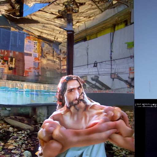 Hyperrealist depiction of Jesus with detailed facial features, and flexing his muscular arms as in style of Unreal Engin...