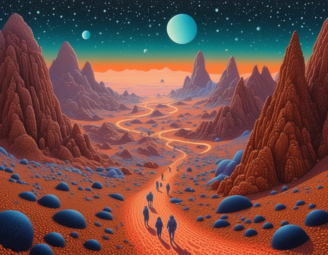 Mars Exploration: People and Habitats in Glitchcore Style