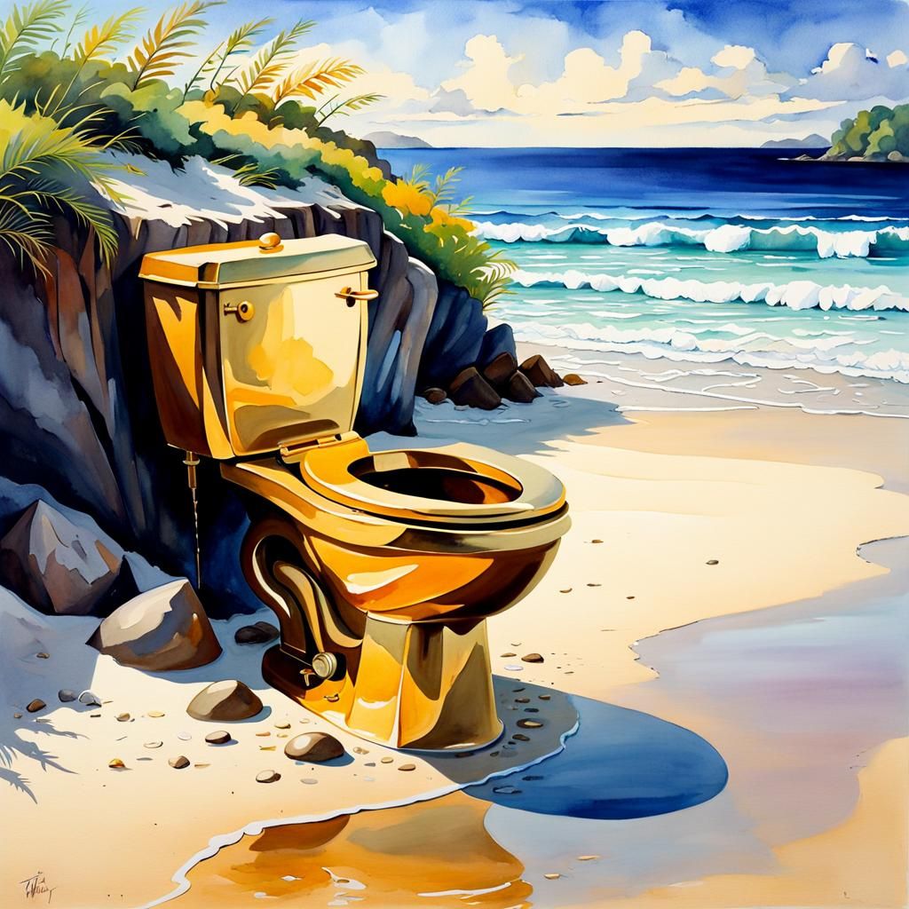 Golden Toilet on Deserted Beach: Watercolor Painting