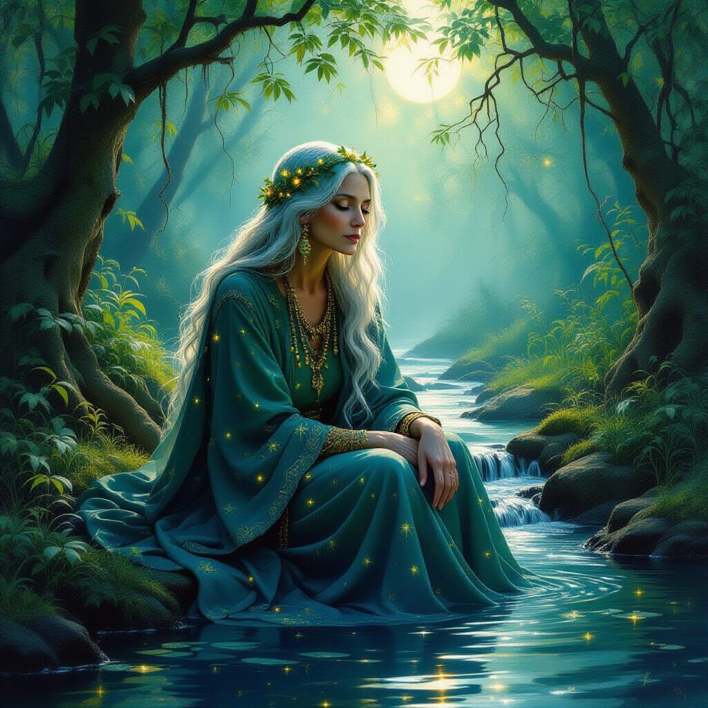 Wise Elder by Moonlit Stream in Oil Painting Style