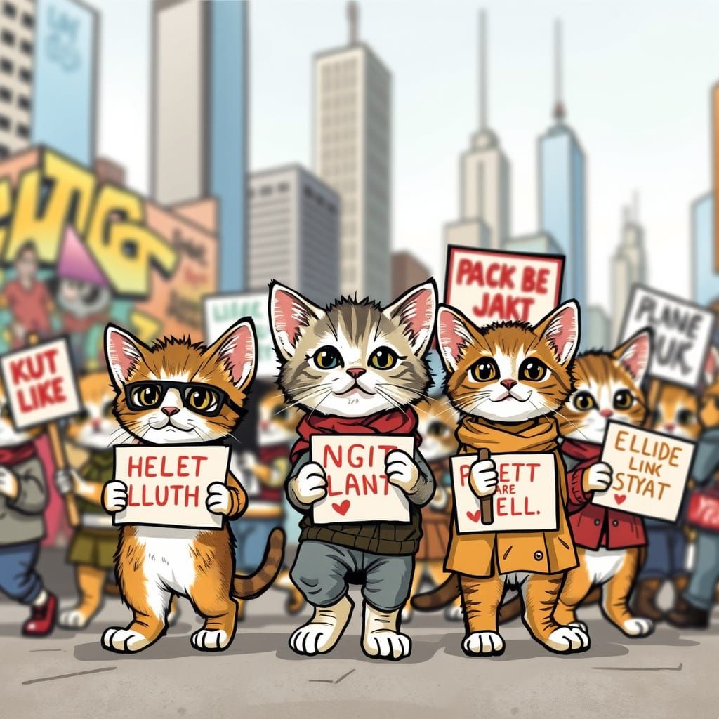 Whimsical Kitties Protest in Vibrant Cityscape