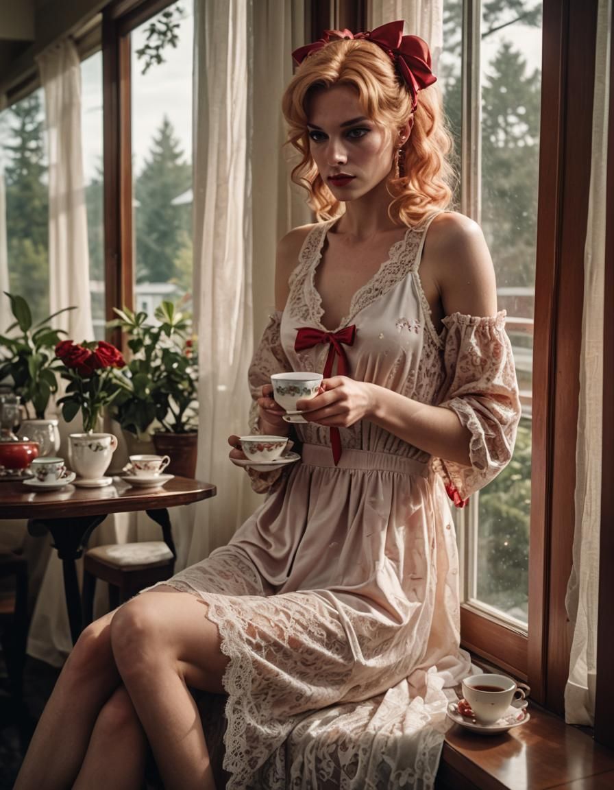 Cinematic Film Still: Boy in Nightgown with Tea