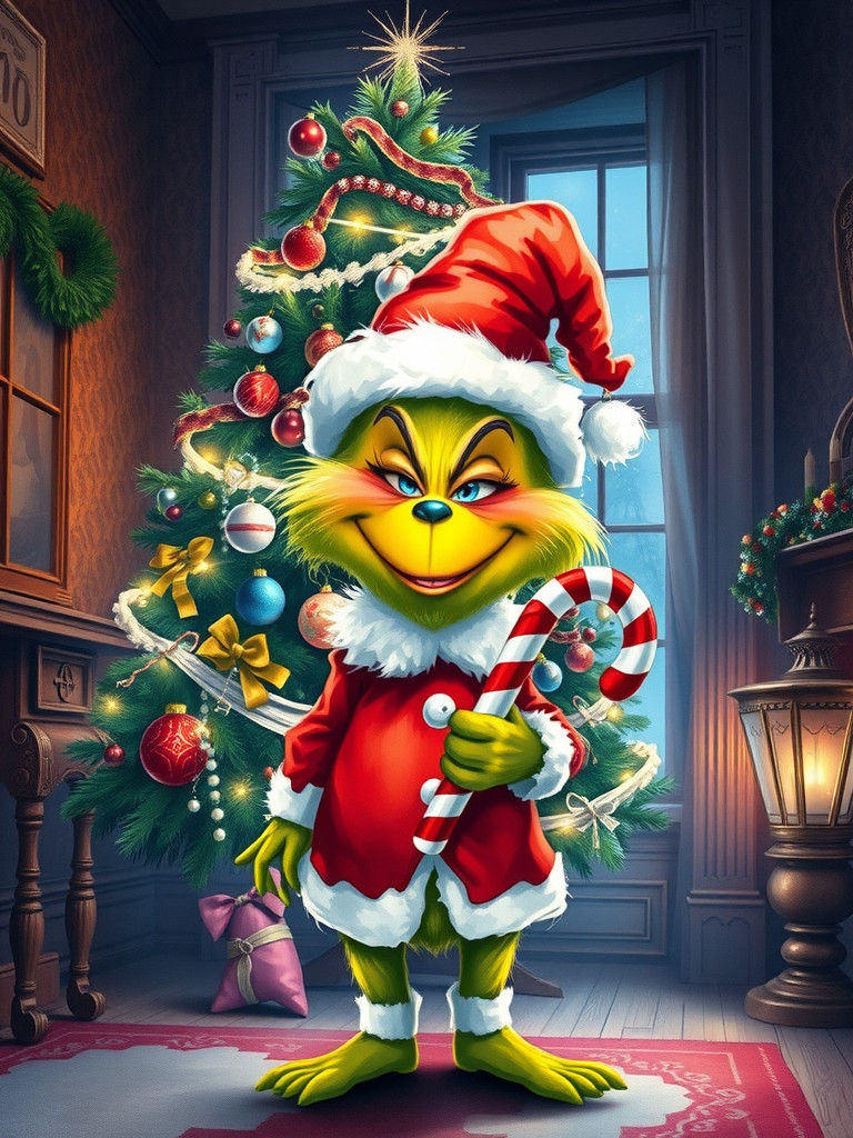 Festive Grinch in Watercolor-Acrylic Christmas Scene