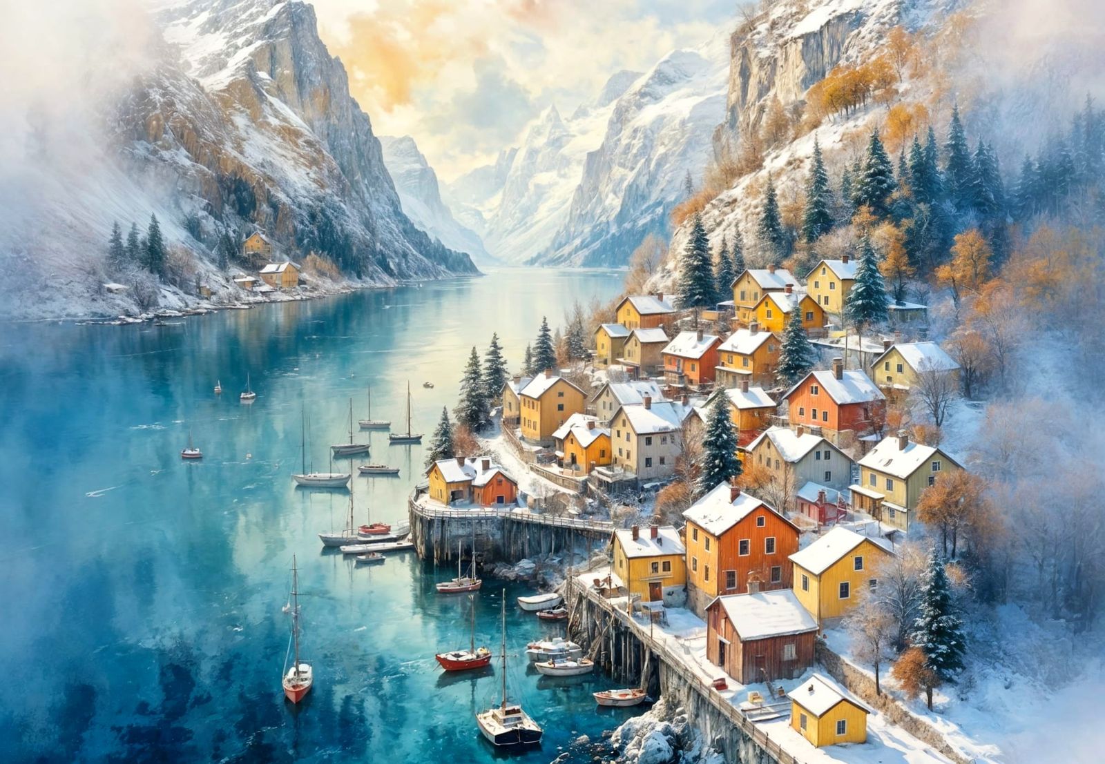 Luminous Impressionist Watercolour of Snowy Norwegian Hamlet