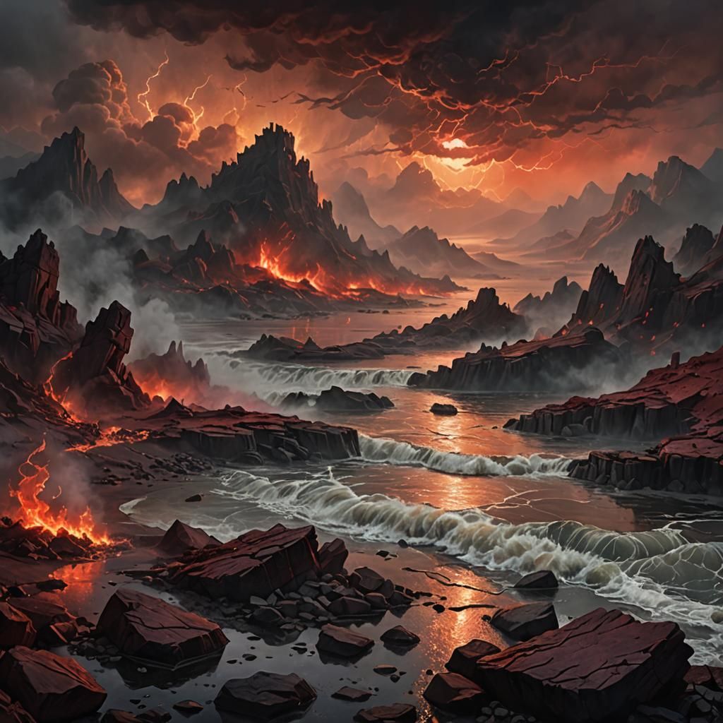 Hellish Ashen Landscape with Red Sky and Fog