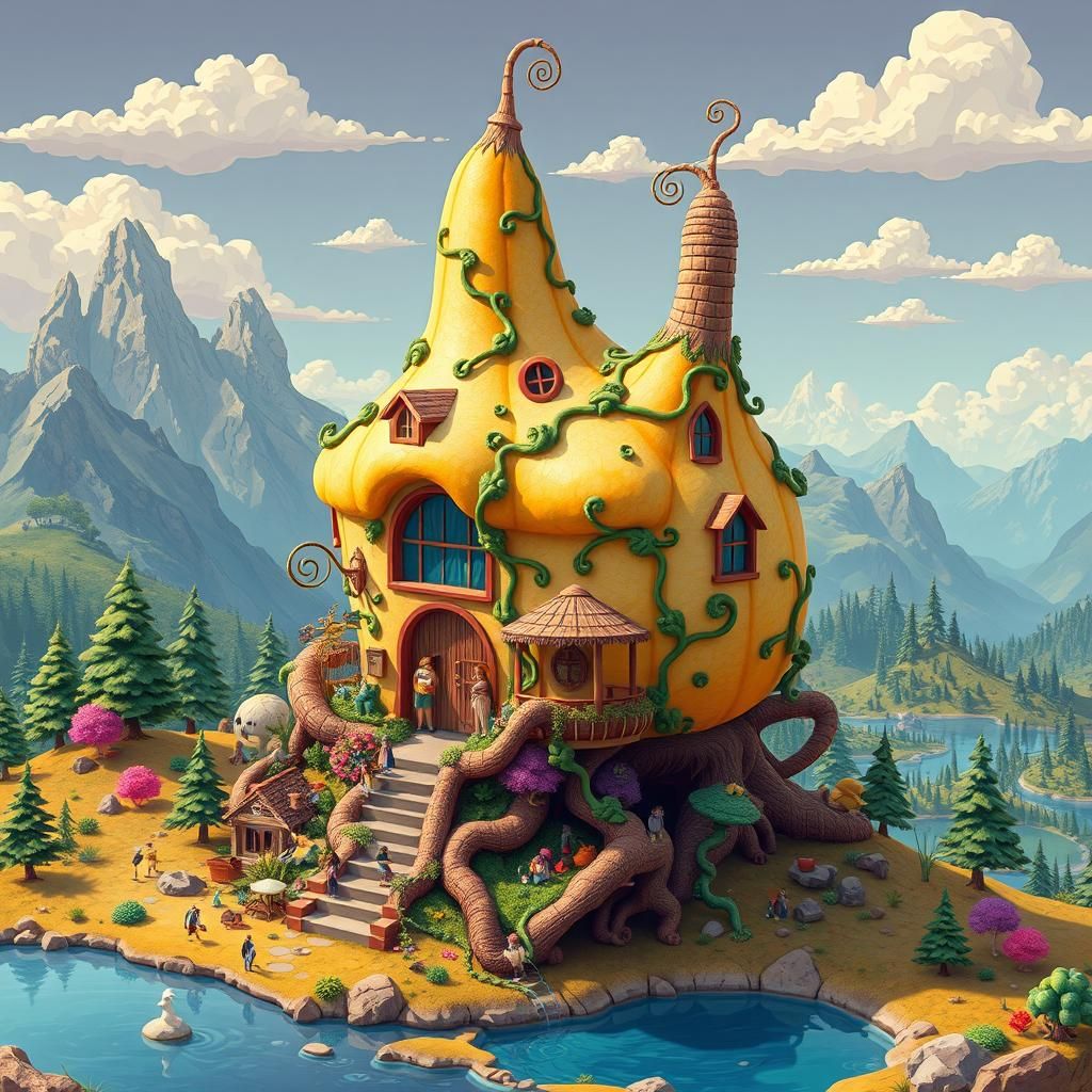 Dreamlike Gourd House in Surreal Landscape
