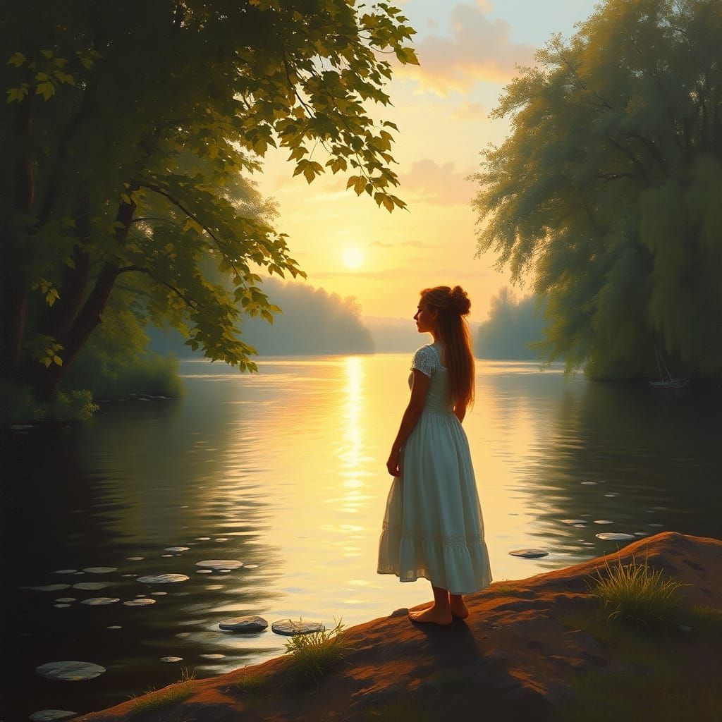 Sunset Riverbank Oil Painting of Serene Woman