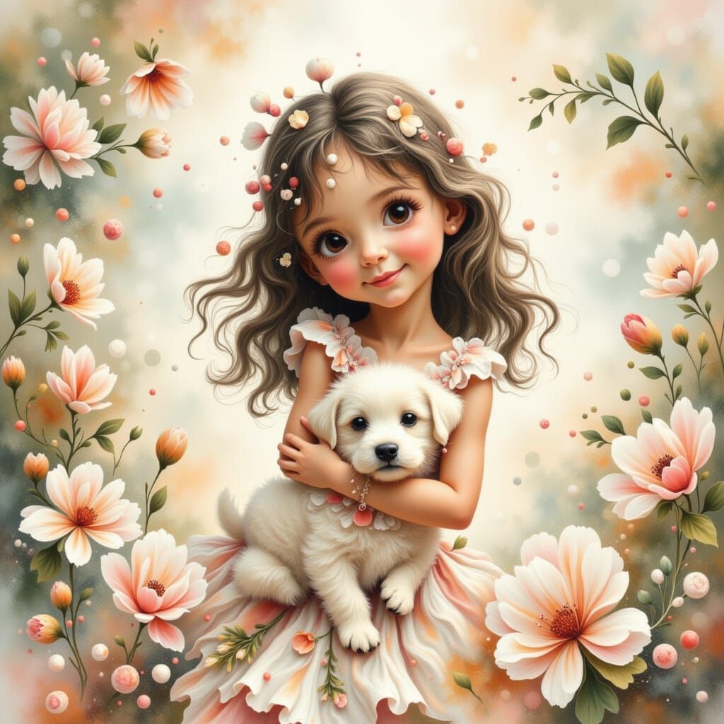 Girl Hugging Puppy in Whimsical Watercolor Illustration