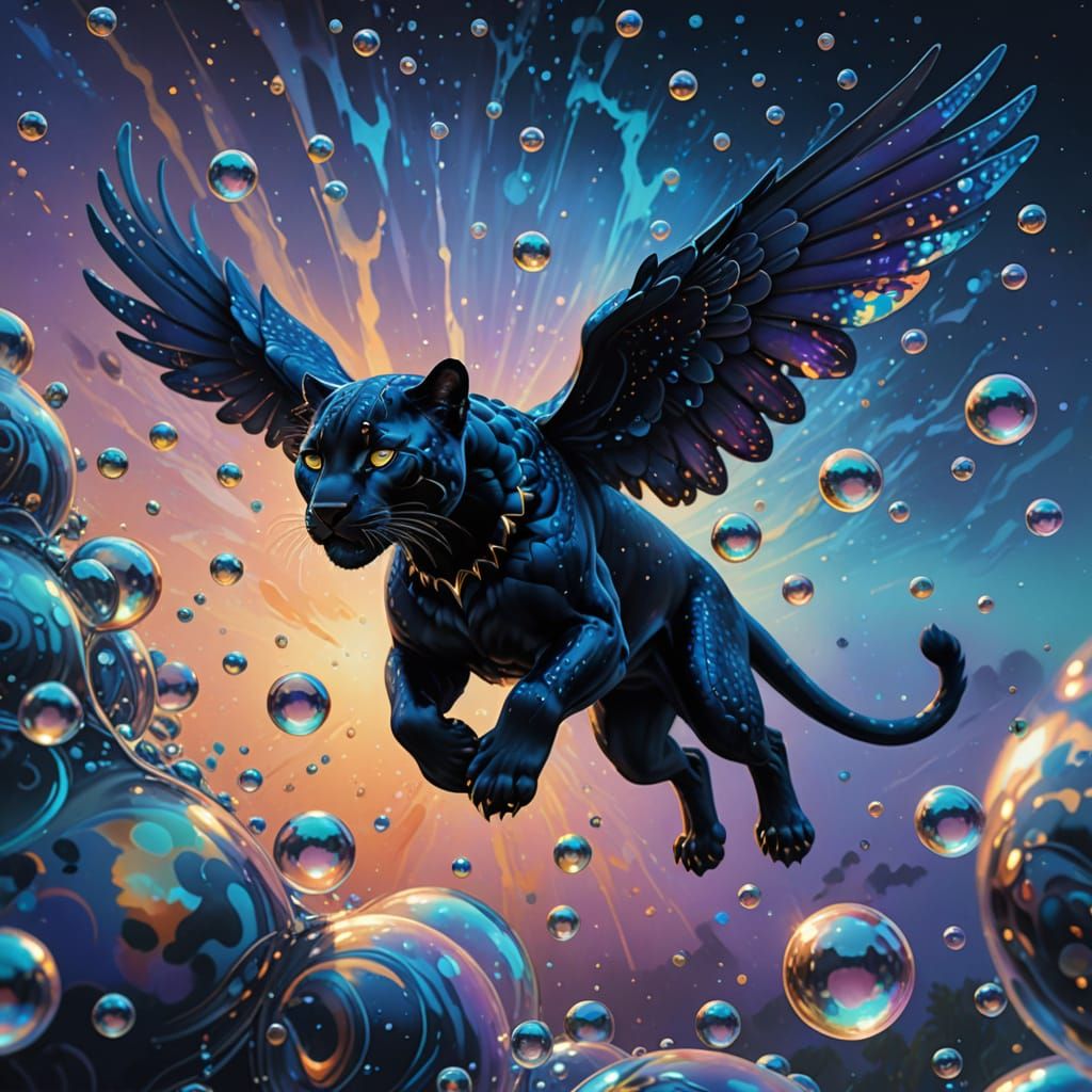 Winged Panther Soaring Through Bubbles as Digital Art