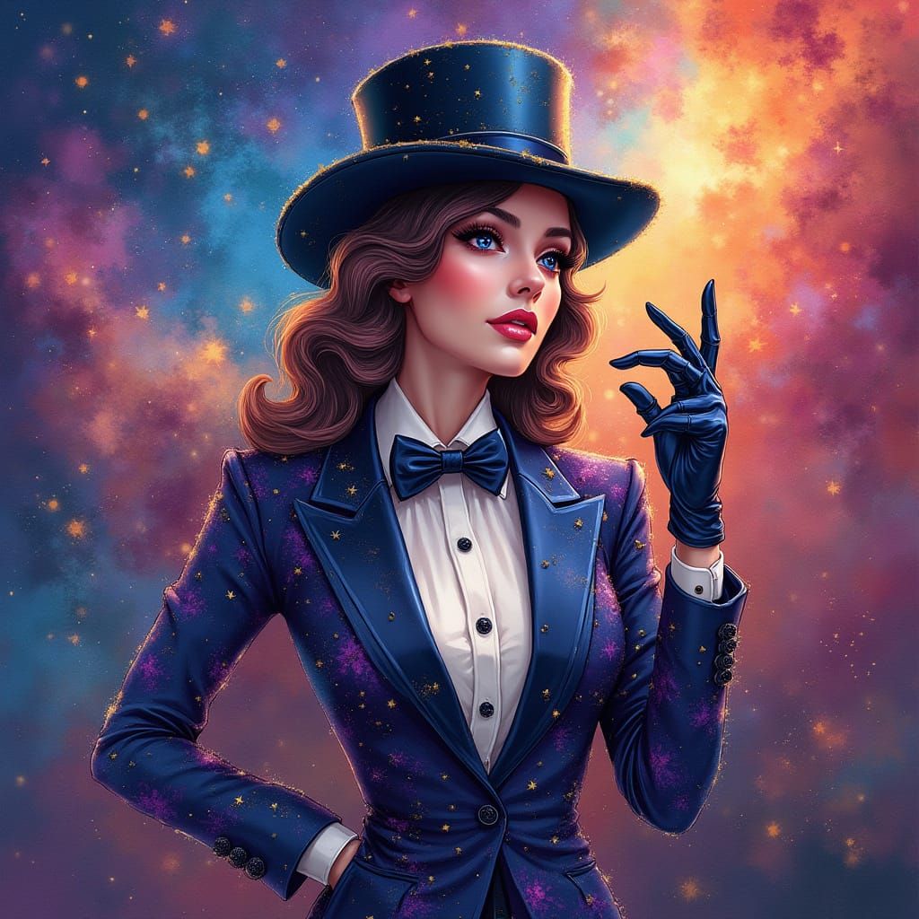 Starry Businesswoman in Nebula: Watercolor Painting