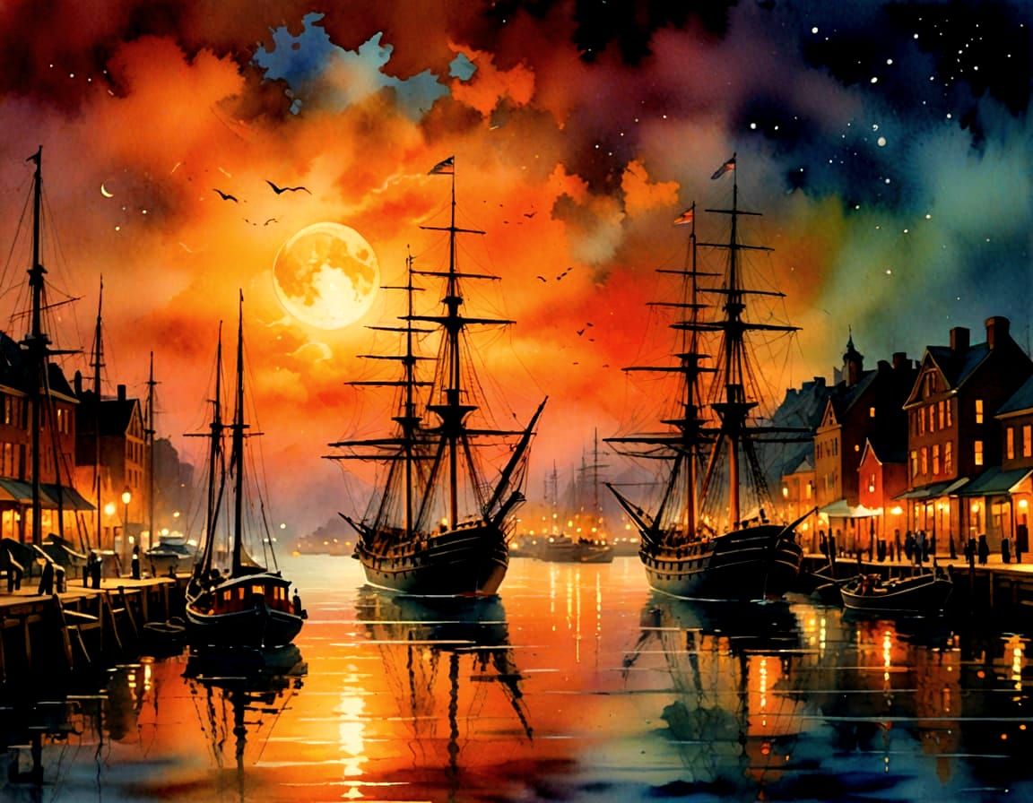 Moonrise Over Harbor ~ Watercolor