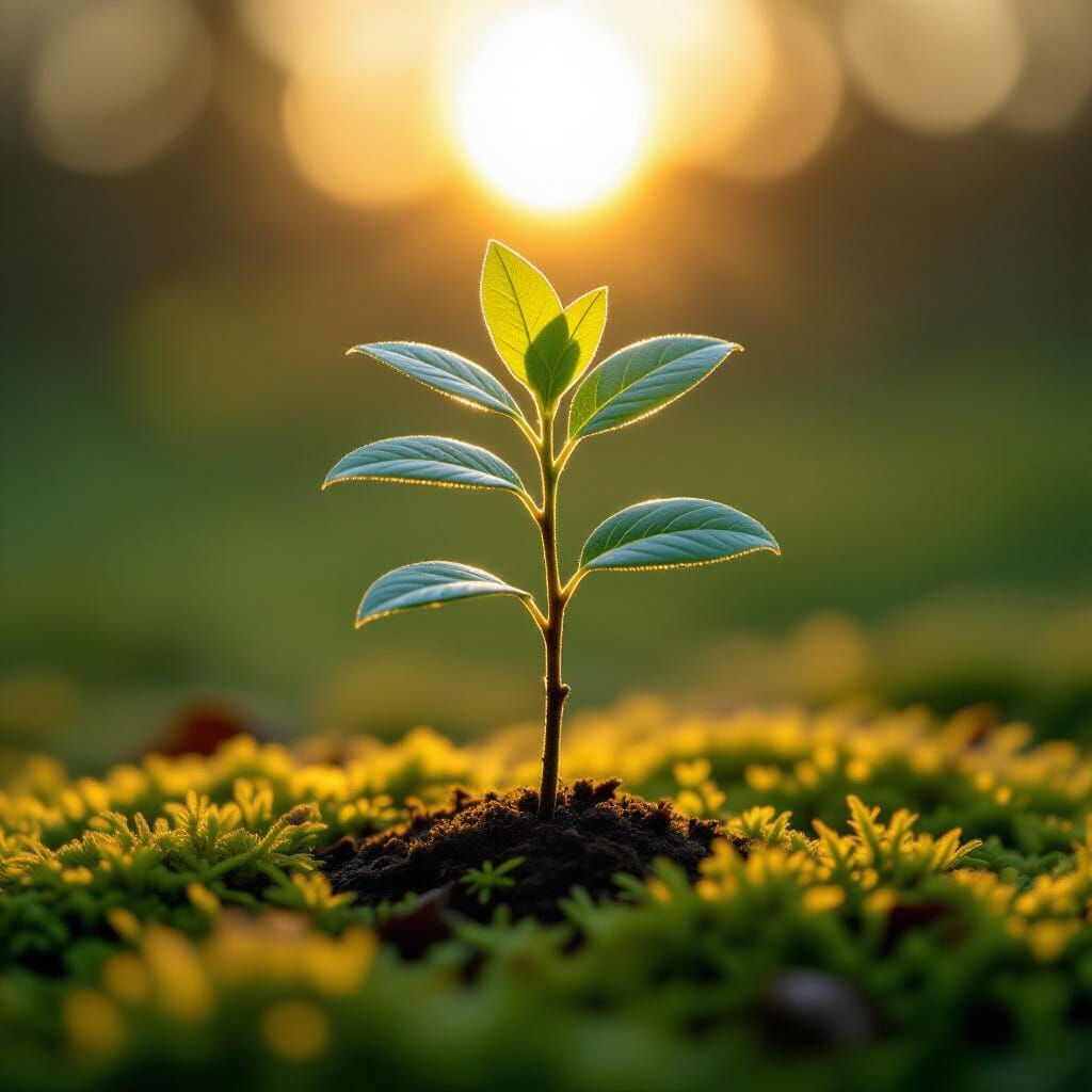Glowing Sapling Tree in Golden Hour Sunlight