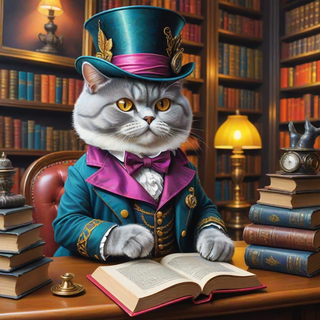 Steampunk Cat Enjoys Whimsical Library Moment